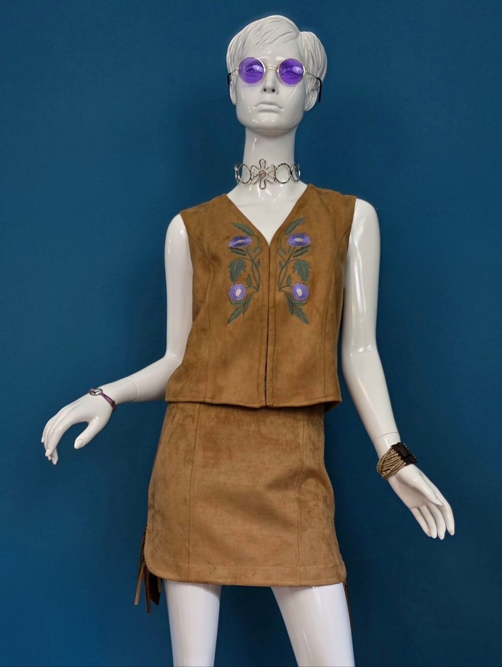 🆕️🪻RECLAIMED VINTAGE 70s Style Faux Suede Vest & Fringe Mini Skirt  Set (NWOT)
